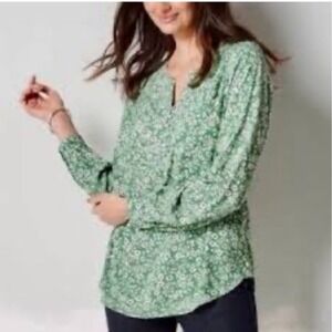 J. Jill Green Floral Split Neck Button Front Blouse Top Womens M